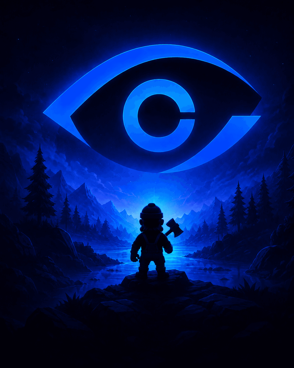 Eye Games atmosferik konsept görseli: sisli dağlar, parlayan mavi göz logosu ve gölün kenarında duran bir karakter silüeti